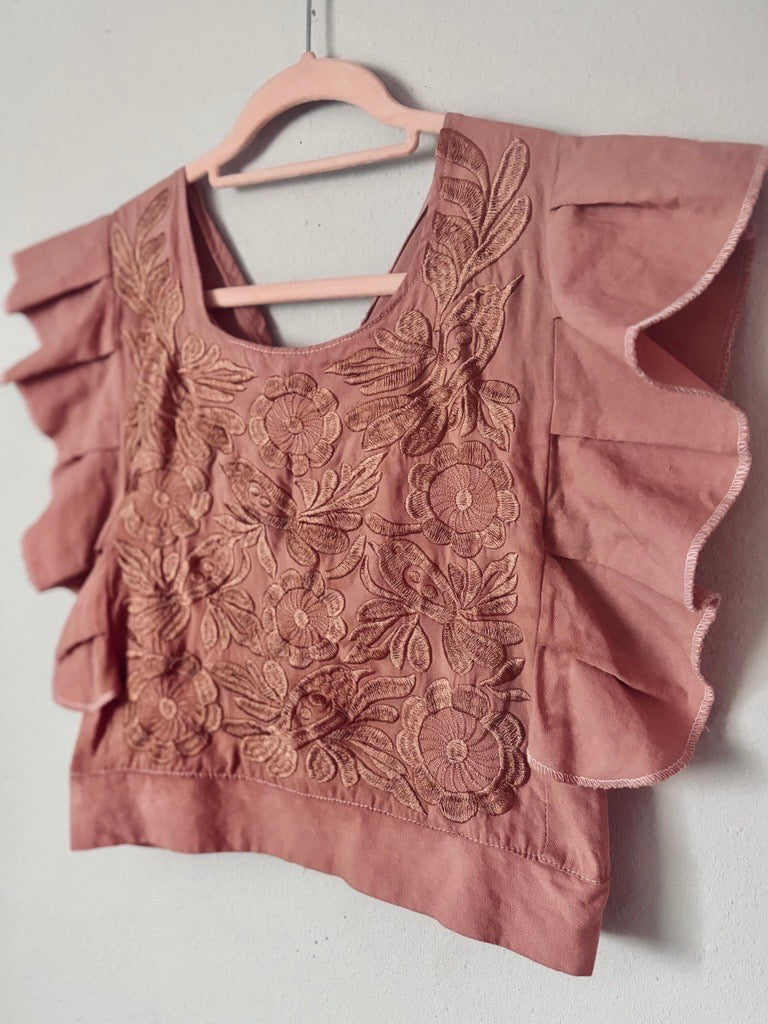 Palomita Ruffled Top | Hand-Embroidered Cotton Blouse | Fall Mexican Handmade Clothing