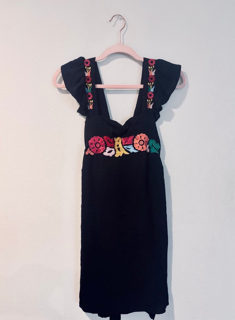 Palomita Dress | Hand-Embroidered Knee-Length Dress with Birds, Butterflies & Florals | Handmade Mexican Clothing