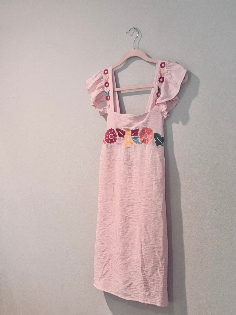 Palomita Dress | Hand-Embroidered Knee-Length Dress with Birds, Butterflies & Florals | Handmade Mexican Clothing